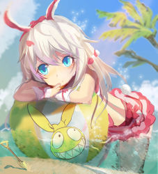 Rule 34 | 1girl, absurdres, animal ears, artist request, ball, beach, bikini, blue eyes, bow, character request, day, highres, looking at viewer, shovel, sky, smile, solo, swimsuit, tree, white hair, worktool