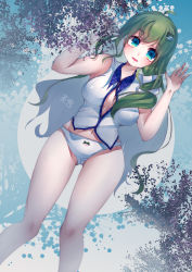 Rule 34 | 1girl, absurdres, bare arms, blue eyes, blush, bow, bow panties, breasts, frog hair ornament, green hair, hair ornament, hair tubes, highres, kochiya sanae, large breasts, light smile, long hair, looking at viewer, medium breasts, navel, no pants, open mouth, panties, penglai tea, shirt, sleeveless, snake hair ornament, solo, standing, touhou, underwear, very long hair, white panties, white shirt
