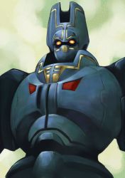 Rule 34 | close-up, cloud, commentary, english commentary, giant gorg, glowing, glowing eyes, gorg, highres, looking at viewer, looking down, mecha, no humans, orange eyes, retro artstyle, robot, vigwer