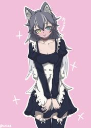 Rule 34 | 10s, absurdres, alternate costume, animal ears, blush, bow, bow legwear, bowtie, choker, collar, embarrassed, enmaided, grey wolf (kemono friends), hands on lap, hdx39f, heterochromia, highres, kemono friends, long hair, maid, multicolored hair, solo, thighhighs, translated, wolf ears