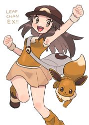 Rule 34 | 1girl, :d, arm up, armpits, blush stickers, brown eyes, brown hair, brown headwear, character name, clenched hands, commentary request, creatures (company), eevee, eyelashes, floating hair, game freak, gen 1 pokemon, hat, highres, leaf (pokemon), leg up, long hair, looking at viewer, loose socks, nintendo, open mouth, pleated skirt, pokemon, pokemon (creature), pokemon masters ex, pumpkinpan, shiny skin, shirt, shoes, skirt, sleeveless, sleeveless shirt, smile, socks, teeth, tongue, wristband