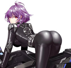 Rule 34 | 1girl, ahoge, ass, biker clothes, bikesuit, bodysuit, braid, breasts, d. (ddot2018), from behind, gloves, leaning, leaning forward, motor vehicle, motorcycle, original, purple hair, red eyes, shiny clothes, sideboob, simple background, skin tight, smile, solo, white background