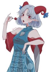 Rule 34 | 1girl, absurdres, bare shoulders, candy, curled horns, detached sleeves, dress, earrings, food, highres, horn ornament, horn ribbon, horns, jewelry, lollipop, open mouth, panilla, patterned clothing, pointy ears, red eyes, ribbon, sharp teeth, sheep horns, teeth, tongue, tongue out, touhou, toutetsu yuuma
