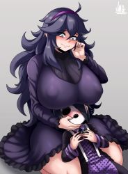 Rule 34 | 1boy, 1girl, @ @, absurdres, ahoge, allister (pokemon), alternate breast size, bare legs, blush, breasts, covered erect nipples, creatures (company), dress, game freak, hair over one eye, hand on another&#039;s face, headband, hex maniac (pokemon), highres, jmg, long dress, long hair, long sleeves, mask, messy hair, nintendo, nipples, pokemon, pokemon bw2, pokemon swsh, purple dress, purple eyes, purple hair, purple headband, ribbed sweater, short hair, sweatdrop, sweater, thighs, white background, white mask