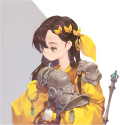 Rule 34 | 1girl, armor, belt, bow, brown eyes, brown hair, closed mouth, cropped, gauntlets, gem, hair between eyes, hair bow, long hair, original, own hands together, pauldrons, shoulder armor, single pauldron, solo, yellow bow, yellow theme, yuho kim