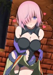 Rule 34 | 1girl, bare shoulders, black leotard, blush, breasts, brick wall, cleavage, cleavage cutout, clothes lift, clothing cutout, elbow gloves, fate/grand order, fate (series), gloves, hair over one eye, heart, highleg, highleg leotard, highres, large breasts, leotard, lifting own clothes, looking at viewer, mash kyrielight, navel cutout, open mouth, pink hair, purple eyes, purple gloves, short hair, skirt, skirt lift, solo, thigh strap, thighhighs, thighs, unadon
