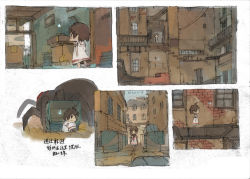 Rule 34 | 1girl, ahoge, animal, barefoot, black eyes, box, brick wall, brown hair, bug, building, chinese text, city, comic, dlkdhy, dress, frown, hiding, hood, monster, original, outdoors, industrial pipe, short hair, sitting, spider, standing, translation request, ventilation shaft, walking, white dress, window
