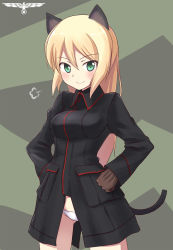 Rule 34 | 1girl, a9b (louis814), animal ears, blonde hair, blush, brown gloves, cat ears, gloves, green eyes, hands on own hips, heinrike prinzessin zu sayn-wittgenstein, highres, jacket, long hair, long sleeves, military, military uniform, panties, smile, solo, strike witches, underwear, uniform, white panties, world witches series