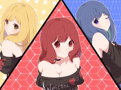 Rule 34 | 3girls, bad id, bad pixiv id, bare shoulders, black choker, black shirt, blonde hair, blue background, blue hair, breasts, choker, cleavage, clothes writing, collarbone, commentary, from behind, head tilt, heart, hecatia lapislazuli, hecatia lapislazuli (earth), hecatia lapislazuli (moon), highres, large breasts, long hair, long sleeves, looking at viewer, looking back, multiple girls, multiple persona, no headwear, off-shoulder shirt, off shoulder, one eye closed, outline, polka dot, polka dot background, red background, red eyes, red hair, shirt, short sleeves, smile, t-shirt, touhou, upper body, white outline, yellow background, yellow eyes, yukome