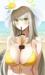 Rule 34 | 1girl, absurdres, bare shoulders, bikini, blue archive, blush, breasts, bubble tea, bubble tea challenge, cleavage, collarbone, cup, disposable cup, drinking straw, green eyes, halo, hat, highres, large breasts, leavv, light brown hair, long hair, looking at viewer, navel, nonomi (blue archive), nonomi (swimsuit) (blue archive), object on breast, official alternate costume, solo, sun hat, swimsuit, white hat, yellow bikini