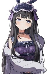Rule 34 | 1girl, animal ears, animal print, black hair, blue eyes, blush, breasts, character request, choker, closed mouth, collarbone, copyright request, crescent, crop top, eye mask, h (eitilog), highres, hime cut, jacket, lace, lace choker, long hair, long sleeves, looking to the side, midriff, off shoulder, open clothes, open jacket, rabbit ears, rabbit print, shirt, simple background, sleeveless, sleeveless shirt, small breasts, upper body, white background