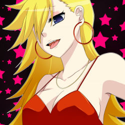 Rule 34 | 10s, 1girl, armpits, bad id, bad pixiv id, bare shoulders, blonde hair, blue eyes, breasts, cleavage, dress, earrings, fang, hair over one eye, jewelry, long hair, medium breasts, necklace, nnyara, nyara nico, pale skin, panty &amp; stocking with garterbelt, panty (psg), red dress, solo, spaghetti strap, star (symbol), tongue, upper body