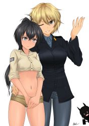 Rule 34 | 3girls, absurdres, ahoge, black hair, blonde hair, blush, brave witches, breasts, brown eyes, brown shorts, commission, edytha rossmann, grey eyes, hand on another&#039;s hip, highres, large breasts, long hair, manaia matawhaura hato, micro shorts, midriff, military, military uniform, multiple girls, navel, one eye closed, oryou gunsou, pants, pantyhose, parted lips, pixiv commission, ponytail, short hair, shorts, silhouette, simple background, small breasts, smile, strike witches, uniform, waltrud krupinski, white background, world witches series, yuri