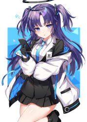 Rule 34 | 1girl, absurdres, abusoru, belt, black skirt, blue archive, blue necktie, blush, collared shirt, commentary, gloves, hair ornament, half gloves, halo, highres, holding, holding phone, id card, jacket, jacket partially removed, long hair, long sleeves, looking at viewer, miniskirt, multicolored clothes, multicolored jacket, necktie, off shoulder, open clothes, open jacket, phone, pleated skirt, purple eyes, purple hair, school uniform, shirt, sidelocks, skirt, solo, two-sided fabric, two-sided jacket, two-tone jacket, two side up, white belt, white jacket, white shirt, yuuka (blue archive)