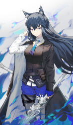 Rule 34 | 1girl, absurdres, animal ears, arknights, black coat, black hair, black vest, blue gloves, blue shorts, coat, commentary request, cowboy shot, gloves, grey pantyhose, hair between eyes, highres, holding, holding sword, holding weapon, long hair, long sleeves, looking at viewer, open clothes, open coat, pantyhose, shirt, short shorts, shorts, single glove, solo, standing, sword, texas (arknights), texas the omertosa (arknights), thigh strap, vchan, very long hair, vest, weapon, white shirt, wolf ears
