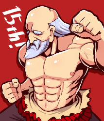 Rule 34 | 1boy, abs, bald, beard, black pants, clenched hands, commentary request, etrian odyssey, facial hair, facing viewer, grey hair, highres, looking at viewer, male focus, monk (sekaiju), mustache, naga u, nipples, pants, red background, sekaiju no meikyuu, sekaiju no meikyuu 3, simple background, solo, thick eyebrows, topless male, translation request