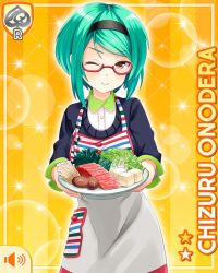 Rule 34 | 1girl, apron, black sweater, brown eyes, cabbage, card (medium), closed mouth, food, girlfriend (kari), glasses, green hair, hairband, holding, looking at viewer, meat, official art, one eye closed, onodera chizuru, pants, plate, qp:flapper, red-framed eyewear, short hair, sleeves rolled up, smile, socks, solo, sweater, tofu, yellow background