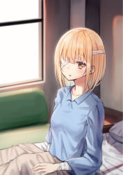Rule 34 | 1girl, amputee, bandage over one eye, bandaged arm, bandages, bed, blonde hair, blue shirt, blurry, blurry background, blush, breasts, brown eyes, collarbone, collared shirt, commentary, day, detached sleeves, hair over one eye, highres, indoors, long hair, long sleeves, parted lips, pillow, piripun, shirt, sitting, small breasts, solo, sunlight, under covers, window