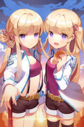 Rule 34 | 2girls, belt, black legwear, blonde hair, blush, bread, collarbone, expressionless, food, gilse, grin, hair ornament, hair rings, hairpin, holding, jacket, long hair, lowres, midriff, multiple girls, navel, open mouth, outstretched hand, purple eyes, short twintails, shorts, smile, sword girls, thighhighs, twintails, very long hair