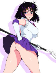 Rule 34 | 1girl, ass, bishoujo senshi sailor moon, black hair, blush, breasts, clothes lift, elbow gloves, from behind, gloves, highres, holding, holding polearm, holding spear, holding weapon, jewelry, jinroku, large breasts, looking back, magical girl, no panties, open mouth, polearm, purple eyes, purple skirt, sailor collar, sailor saturn, short hair, silence glaive, skirt, skirt lift, solo, spear, standing, tiara, tomoe hotaru, upskirt, weapon, white gloves, wind, wind lift