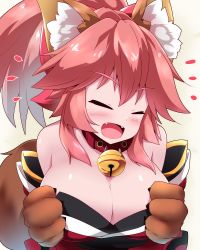 Rule 34 | 1girl, ^^^, animal ear fluff, animal ears, animal hands, bare shoulders, bell, blush, breasts, cat paws, cleavage, closed eyes, collar, detached sleeves, fangs, fate/grand order, fate (series), fox ears, fox girl, fox tail, gloves, hair ribbon, jingle bell, large breasts, long hair, looking at viewer, neck bell, off shoulder, open mouth, paw gloves, pink hair, ponytail, red ribbon, ribbon, sivamaron, solo, tail, tamamo (fate), tamamo cat (fate), tamamo cat (first ascension) (fate)