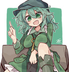 Rule 34 | 1girl, boots, breasts, commentary, flat cap, green background, green eyes, green hair, green skirt, hat, highres, index finger raised, key, large breasts, looking at viewer, minoru minoru, open mouth, pocket, signature, skirt, solo, touhou, v-shaped eyebrows, yamashiro takane