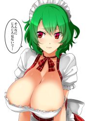 Rule 34 | 1girl, adapted costume, apron, blush, breasts, cleavage, cleavage cutout, clothing cutout, green hair, headdress, highres, kazami yuuka, large breasts, mattari yufi, plaid, red eyes, short hair, simple background, solo, touhou, translated, waist apron, white background