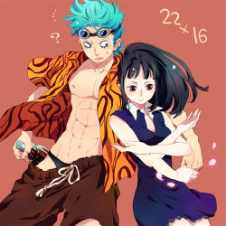 Rule 34 | 1boy, 1girl, ?, abs, aged down, bad id, bad pixiv id, black hair, blue eyes, blue hair, blush, bottle, breasts, brown eyes, cleavage, confused, crossed arms, dress, extra arms, franky (one piece), goggles, goggles on head, guttary, hana hana no mi, long hair, male underwear, muscular, nico robin, one piece, open clothes, open shirt, orange shirt, pants, petals, ponytail, shirt, short hair, shueisha, simple background, spiked hair, underwear, undressing
