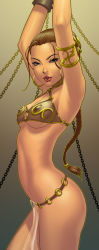 Rule 34 | 1girl, arched back, armlet, armor, armpits, arms up, bdsm, bikini armor, bondage, bound, bra, braid, breasts, brown hair, chain, chester ocampo, earrings, hoop earrings, jewelry, lingerie, lips, loincloth, lots of jewelry, no panties, pelvic curtain, princess leia organa solo, see-through, single braid, slave, solo, star wars, underboob, underwear