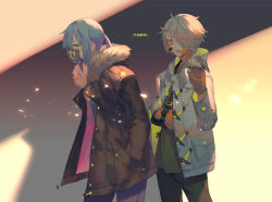Rule 34 | + +, 2girls, :d, bandaid, bandaid on face, black coat, blonde hair, blue hair, bright pupils, cast, coat, eyes visible through hair, from side, fur trim, green pants, green shirt, hand up, long sleeves, looking at viewer, mouth mask, multiple girls, open clothes, open coat, open mouth, orange eyes, original, pants, purple pants, shirt, short hair, smile, surgical mask, twintails, waving, white coat, yamakawa