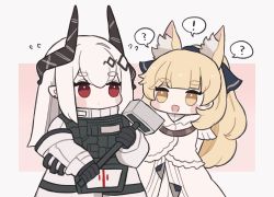 Rule 34 | !, 2girls, :d, ?, animal ear fluff, animal ears, arknights, blemishine (arknights), blemishine (elite ii) (arknights), blonde hair, blunt bangs, blush stickers, brown eyes, chibi, closed mouth, dress, ear piercing, flying sweatdrops, grey background, hammer, highres, holding, horns, long hair, mudrock (arknights), mudrock (elite ii) (arknights), multiple girls, open mouth, piercing, pink background, pointy ears, ponytail, red eyes, short eyebrows, sledgehammer, smile, someyaya, spoken exclamation mark, spoken question mark, thick eyebrows, two-tone background, very long hair, white dress, white hair