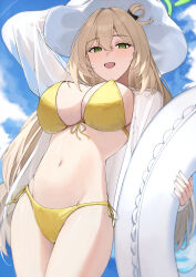 Rule 34 | 1girl, absurdres, bikini, blue archive, blush, breasts, cleavage, cowboy shot, from below, front-tie bikini top, front-tie top, green eyes, green halo, hair between eyes, halo, hat, highres, innertube, jacket, large breasts, light brown hair, long hair, navel, nonomi (blue archive), nonomi (swimsuit) (blue archive), official alternate costume, open clothes, open jacket, open mouth, ref (pmxt4483), side-tie bikini bottom, smile, solo, swim ring, swimsuit, white hat, white jacket, yellow bikini