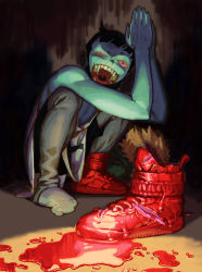 Rule 34 | 1boy, aqua skin, bare shoulders, black hair, blood, cerebrawl, colored sclera, electric niw, fangs, long fangs, male focus, open mouth, own hands together, pink sclera, puddle, red eyes, red footwear, reflection, shoes, sneakers, socks, solo, squatting, tongue, uvula, v-draken, vampire, white socks