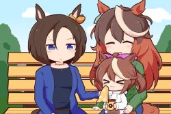 Rule 34 | &gt; &lt;, 3girls, :3, air groove (umamusume), animal ears, bench, bendy straw, blue eyes, bow, brown hair, casual, commentary, cup, disposable cup, drinking straw, ear bow, ear piercing, earrings, closed eyes, gomashio (goma feet), high ponytail, holding, holding cup, hood, hoodie, horse ears, horse girl, horse tail, jacket, jewelry, light brown hair, long hair, long sleeves, multicolored hair, multiple girls, necklace, official alternate costume, park bench, piercing, pink bow, short hair, single earring, sweatdrop, symboli rudolf (umamusume), tail, tokai teio (umamusume), two-tone hair, umamusume, aged down