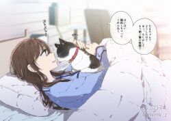 Rule 34 | 1girl, bedroom, blue shirt, blurry, blurry background, brown hair, cat, commentary request, long hair, long sleeves, muromaki, original, pajamas, parted lips, shirt, smile, solo, speech bubble, translation request, under covers