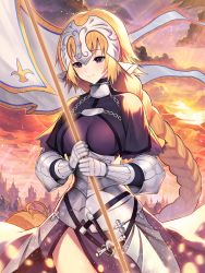 Rule 34 | 1girl, armor, armored dress, blonde hair, braid, breasts, closed mouth, cowboy shot, dress, fate/apocrypha, fate/grand order, fate (series), flag, gloves, headpiece, highres, jeanne d&#039;arc (fate), jeanne d&#039;arc (ruler) (fate), kyundoo, large breasts, long hair, purple dress, purple eyes, smile, solo