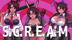 Rule 34 | animal ears, baseball bat, black gloves, bow, bowtie, breasts, brown hair, chest harness, closed mouth, cropped jacket, dark-skinned female, dark skin, fang, fishnets, genderswap, genderswap (mtf), gloves, harness, heathcliff (project moon), highres, holding, holding baseball bat, holding weapon, jacket, large breasts, leotard, limbus company, long sleeves, multiple girls, multiple scars, necktie, ngancurindunia, open clothes, open jacket, open mouth, pantyhose, parody, playboy bunny, project moon, purple eyes, rabbit ears, scar, smile, weapon
