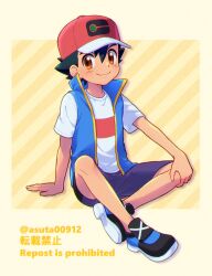 Rule 34 | 1boy, arm support, ash ketchum, baseball cap, black footwear, black hair, blue jacket, brown eyes, closed mouth, commentary, creatures (company), full body, game freak, hair between eyes, hat, highres, jacket, looking at viewer, male focus, nintendo, ok (asuta00912), open clothes, open jacket, pokemon, pokemon (anime), pokemon journeys, red hat, shirt, shoes, short hair, short sleeves, shorts, sitting, sleeveless, sleeveless jacket, smile, solo, t-shirt, twitter username, watermark, white shirt