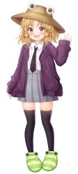 Rule 34 | 1girl, absurdres, alternate costume, black necktie, black thighhighs, blonde hair, blush, brown hat, brown necktie, collar, collared shirt, full body, green footwear, grey skirt, hair ornament, hand up, hat, highres, hood, hoodie, long sleeves, looking at viewer, moriya suwako, necktie, open clothes, open hoodie, open mouth, puffy long sleeves, puffy sleeves, purple hoodie, purple sleeves, school uniform, shirt, short hair, simple background, skirt, slippers, smile, solo, standing, striped clothes, striped footwear, suigetsu (watermoon-910), thighhighs, touhou, white background, white shirt, yellow eyes
