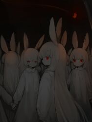 Rule 34 | 6+girls, absurdres, albino, animal ears, arms at sides, black background, bug, butterfly, closed mouth, collared dress, commentary, dark, dot nose, dress, expressionless, glowing, glowing eyes, grey hair, highres, holding hands, insect, long hair, long sleeves, looking at viewer, multiple girls, original, pale skin, parted lips, profile, puffy long sleeves, puffy sleeves, rabbit ears, red butterfly, red eyes, shirokujira, sleeves past wrists, smile, standing, staring, trail, very long hair, wavy hair, white dress