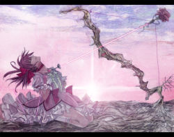 Rule 34 | 10s, 1girl, bad id, bad pixiv id, bow (weapon), flower, kaname madoka, kneeling, lastdark, letterboxed, mahou shoujo madoka magica, mahou shoujo madoka magica (anime), solo, suicide, weapon
