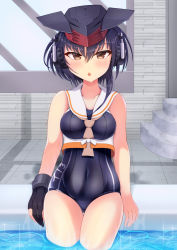 Rule 34 | 1girl, absurdres, asymmetrical hair, black hair, blue one-piece swimsuit, breast cutout, breasts, brown eyes, cosplay, framed breasts, gloves, hair between eyes, headphones, highres, i-13 (kancolle), i-13 (kancolle) (cosplay), indoors, kantai collection, one-piece swimsuit, otobi, partially fingerless gloves, partially submerged, pool, poolside, rei no pool, sailor collar, school swimsuit, short hair, single glove, small breasts, solo, swimsuit