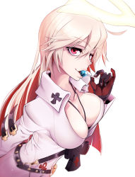 Rule 34 | 1girl, absurdres, ahoge, ankh, ankh necklace, belt, between breasts, black gloves, bodysuit, breasts, candy, cleavage, commentary, spiked halo, english commentary, eyelashes, fingernails over gloves, food, gloves, guilty gear, guilty gear xrd, halo, high collar, highres, jack-o&#039; valentine, jewelry, kidmukuro, large breasts, lips, lollipop, looking at viewer, mask, unworn mask, multicolored hair, necklace, no bra, parted lips, pinky out, red eyes, red hair, solo, two-tone hair, white background, white bodysuit, white hair