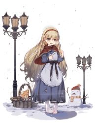 Rule 34 | 1girl, apron, ark order, basket, black bow, blonde hair, blue dress, bow, capelet, crying, dress, empty eyes, faux figurine, fire, frilled apron, frills, lamppost, little match girl, little match girl (ark order), long hair, matches, official art, patch, red capelet, snow, snowman, socks, solo, standing, stuffed animal, stuffed toy, teddy bear, torn clothes, torn socks, transparent background, very long hair, white apron, white socks, yellow eyes, you ni ge shaobing