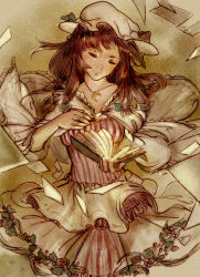 Rule 34 | 1girl, antiquewhite, book, capelet, closed eyes, female focus, flying paper, hair ribbon, highres, jewelry, necklace, open book, paper, patchouli knowledge, ribbon, sepia, solo, striped, touhou, tress ribbon, vertical stripes, wind