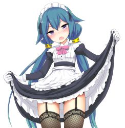 Rule 34 | 1girl, 7th dragon, 7th dragon (series), :o, alternate costume, animal ears, apron, black dress, black panties, blue hair, blush, bow, buttons, clothes lift, dress, dress lift, fishnet thighhighs, fishnets, frills, garter straps, gloves, hair tubes, haishiki, head tilt, highres, long hair, long sleeves, looking at viewer, maid, maid apron, maid headdress, momomeno (7th dragon), open mouth, panties, pantyshot, pink bow, princess (7th dragon), purple eyes, sash, simple background, skirt, skirt lift, solo, standing, thighhighs, twintails, underwear, unmoving pattern, very long hair, white apron, white background, white gloves