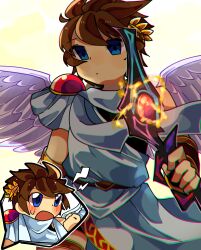 angel angel_wings blue_eyes bow_(weapon) darkness_bow_(kid_icarus) empty_eyes highres holding holding_bow_(weapon) holding_weapon kid_icarus kid_icarus_uprising laurel_crown male_focus mind_control nintendo open_mouth pit_(kid_icarus) ritomasu_(crsk4373) weapon wings