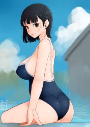 Rule 34 | 1girl, ass, bad artstreet id, bad id, bare shoulders, black hair, blee, blue eyes, breasts, competition school swimsuit, day, from behind, large breasts, looking at viewer, looking back, mole, one-piece swimsuit, original, outdoors, parted lips, pool, pursed lips, school swimsuit, sideboob, sitting, solo, swimsuit, thighs, wedgie, wet