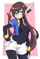 Rule 34 | 1girl, absurdres, aile (mega man zx), black bodysuit, bodysuit, bodysuit under clothes, breasts, brown hair, buzzlyears, closed mouth, covered collarbone, covered navel, cowboy shot, cropped jacket, green eyes, hair between eyes, hand on own hip, highres, jacket, latex, latex bodysuit, long hair, looking at viewer, medium breasts, mega man (series), mega man zx, mega man zx advent, open clothes, open jacket, robot ears, short shorts, short sleeves, shorts, sidelocks, skin tight, solo, very long hair, white shorts