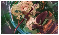 Rule 34 | 1girl, black thighhighs, blonde hair, border, collared dress, dress, duel monster, feet out of frame, fire, floating hair, green eyes, highres, holding, holding sword, holding weapon, long hair, long sleeves, nagasawa tougo, open mouth, short dress, sky striker ace - raye, solo, sword, thighhighs, twitter username, water, weapon, white border, yu-gi-oh!, zettai ryouiki